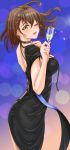  1girl absurdres ahoge alcohol azur_lane baltimore_(azur_lane) baltimore_(evening_breeze_minuet)_(azur_lane) bangs black_dress braid brown_hair champagne_flute commentary_request cup dress drinking_glass evening_gown hair_between_eyes highres holding holding_cup jewelry looking_at_viewer one_eye_closed open_mouth ring short_hair side_braid side_slit single_bare_shoulder ssa47xx-ss006 tears two-tone_cape yellow_eyes 