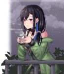  1girl arairev bangs black_hair blue_hair braid collarbone cowboy_shot cup elbow_rest eyebrows_visible_through_hair green_jacket highres holding holding_cup ichinose_uruha jacket long_hair looking_afar lupinus_virtual_games mug multicolored_hair night outdoors parted_lips railing scrunchie solo strap_slip two-tone_hair violet_eyes virtual_youtuber 