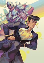  1boy alejandro_tio anchor_symbol black_hair blue_eyes brooch chest coat crazy_diamond diamond_wa_kudakenai dynamic_pose feet_out_of_frame gakuran heart higashikata_jousuke highres jewelry jojo_no_kimyou_na_bouken male_focus muscle open_clothes open_coat peace_symbol pink_skin pompadour school_uniform short_hair stand_(jojo) 