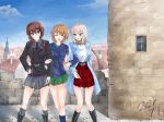 3girls :d arm_grab bad_id bad_twitter_id bangs belt black_belt black_footwear black_jacket black_neckwear blue_coat blue_jacket blue_sky blush boots brick_wall brown_eyes brown_hair building casual closed_eyes clouds cloudy_sky coat combat_boots commentary dated day double-breasted dress_shirt eno_(mauritz_stiller) epaulettes eyebrows_visible_through_hair girl_sandwich girls_und_panzer green_skirt grey_legwear grey_scarf grey_shirt grey_skirt hand_on_hip itsumi_erika jacket locked_arms long_sleeves looking_at_another military military_uniform miniskirt multiple_girls necktie niedersachsen_military_uniform nishizumi_maho nishizumi_miho ooarai_school_uniform open_mouth outdoors plaid plaid_skirt pleated_skirt red_skirt sailor_collar sandwiched scarf school_uniform shirt short_hair siblings side-by-side sisters skirt sky smile socks standing uniform white_shirt wing_collar winter_uniform zipper 