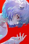  1girl ayanami_rei bare_shoulders blood bloody_hands blue_hair collarbone commentary eyebrows_visible_through_hair hair_ornament highres interface_headset looking_down nail neon_genesis_evangelion parted_lips red_background red_eyes rinkai_(rinrinkirin) short_hair simple_background solo 