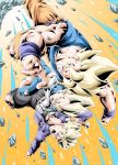  3boys action blonde_hair clenched_teeth dougi dragon_ball dragon_ball_z gloves green_eyes highres male_focus multiple_boys muscle open_mouth rock short_hair shouting son_gokuu spiky_hair super_saiyan super_saiyan_1 teeth trunks_(dragon_ball) upside-down vegeta wristband youngjijii 