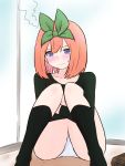  1girl bangs black_legwear black_shirt blue_eyes blush closed_mouth collarbone commentary_request eyebrows_behind_hair feet_out_of_frame go-toubun_no_hanayome green_ribbon hair_between_eyes hair_ribbon highres kneehighs knees_together_feet_apart knees_up kujou_karasuma leg_hug long_sleeves looking_away nakano_yotsuba orange_hair panties ribbon shirt sitting solo steam sweat underwear wavy_mouth white_panties 