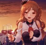  1girl alcohol bangs bare_shoulders braid breasts brown_eyes brown_hair clouds corset cup detached_sleeves drinking_glass eyebrows_visible_through_hair gloves hat holding kantai_collection large_breasts long_hair long_sleeves mini_hat one_side_up open_mouth outdoors red_neckwear remodel_(kantai_collection) side_braid sky solo_focus sunset wavy_hair white_gloves wine wine_glass yoshino_ns zara_(kantai_collection) 