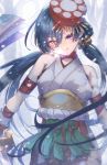  bell black_hair fate/grand_order fate_(series) hair_bell hair_ornament heterochromia katana long_hair low_twintails mochizuki_chiyome_(fate/grand_order) orange_eyes rope shimenawa smile snake_tattoo sword twintails violet_eyes weapon 