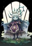  1girl absurdres blue_eyes blue_hair crown dress full_body gradient_hair grass grey_hair highres holding holding_staff horns long_dress long_hair long_sleeves looking_at_viewer mana_matitia_(okame_nin) multicolored_hair no_mouth okame_nin original petticoat purple_dress solo staff very_long_hair 