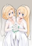  2girls bangs beige_background blonde_hair blue_eyes bouquet breasts bridal_veil crown dress enjaku_izuku flower gloves gradient gradient_background highres holding holding_bouquet janus_(kantai_collection) jervis_(kantai_collection) kantai_collection left-handed mini_crown multiple_girls off-shoulder_dress off_shoulder parted_bangs sheer_clothes small_breasts veil wedding_dress white_dress white_gloves yuri 