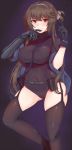  1girl asymmetrical_armor bangs belt belt_pouch between_breasts black_gloves black_legwear blue_jacket bodysuit bracer breasts brown_eyes brown_hair chinese_commentary finger_to_mouth folded_ponytail garter_straps gauntlets girls_frontline gloves hair_ribbon hairband hand_up highres jacket large_breasts leotard long_hair looking_at_viewer navel off-shoulder_jacket pao_mian+dan pointing pointing_up pouch ribbon short_hair_with_long_locks skindentation smile solo starry_background strap_between_breasts swept_bangs thigh-highs thighs tsurime type_79_(girls_frontline) very_long_hair white_ribbon 