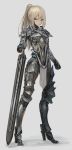  1girl absurdres armor blonde_hair cyborg fantasy full_body greatsword high_heels highres holding holding_sword holding_weapon mecha_musume nihoshi_(bipedal_s) original ponytail red_eyes simple_background solo sword weapon 