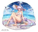  1girl bare_arms bare_legs bare_shoulders barefoot beach bird blue_sky blush boat breasts character_request clouds crab day eyebrows_visible_through_hair hat iron_saga long_hair looking_at_viewer ocean official_art outdoors partially_submerged purple_hair red_eyes sarong seagull shoe_removed shoes single_shoe sitting sky small_breasts starfish sun_hat very_long_hair water watercraft wet zjsstc 
