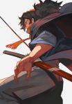  1boy black_hair coat fate/grand_order fate_(series) hakama highres japanese_clothes katana lack male_focus okada_izou_(fate) orange_eyes ponytail sheath sheathed sword weapon 