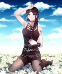  1girl black_eyes black_hair black_shorts black_tank_top braid braided_ponytail butterfly_tattoo closed_mouth clouds cloudy_sky fishnets flower gem highres jewelry kneeling looking_at_viewer necklace rhosavior shorts sky smile solo tank_top tate_no_yuusha_no_nariagari tattoo therese_alexanderite 