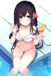  1girl ao_no_neko bangs bare_shoulders bikini black_hair blue_eyes breasts brown_flower collarbone cup drinking_glass eyebrows_visible_through_hair flower frilled_bikini frills hair_between_eyes hair_flower hair_ornament hands_up highres holding holding_cup holding_spoon long_hair looking_at_viewer medium_breasts navel original parted_lips red_flower soaking_feet solo spoon swimsuit very_long_hair water white_bikini 
