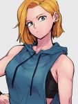 1girl alternate_costume android_18 blonde_hair blue_eyes blue_jacket closed_mouth dragon_ball dragon_ball_z earrings grey_background hand_on_hip jacket jewelry kemachiku looking_at_viewer short_hair simple_background sleeveless sleeveless_jacket solo 