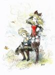 1boy 1girl ahoge black_gloves blonde_hair blue_eyes book boots bow bravely_default:_flying_fairy bravely_default_(series) brown_footwear bug coffee_pot cup dragonfly edea_lee gloves hair_bow hair_ornament highres ikusy insect long_hair official_art pompadour ringabel sidelocks sitting smile standing 