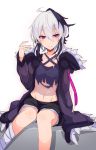  bandaged_leg bandages black_shorts coat commentary cowboy_shot criss-cross_halter crop_top flower_(vocaloid) fur-trimmed_coat fur_trim gynoid_talk half-closed_eyes halterneck hand_up highres hooded_coat kujira_hebi light_smile looking_at_viewer medium_hair multicolored_hair purple_coat purple_hair shorts sidelocks sitting streaked_hair symbol_commentary torn_clothes v_flower_(gynoid_talk) v_flower_(vocaloid4) violet_eyes vocaloid white_background white_hair 