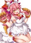  1girl animal_ear_fluff animal_ears apron arm_garter bell bell_collar bow breasts cat_hair_ornament cat_paws collar fate/grand_order fate_(series) fox_ears fox_girl fox_tail frilled_apron frills gloves hair_bow hair_ornament jingle_bell large_breasts long_hair naked_apron paw_gloves paw_shoes paws pink_hair ponytail red_bow shoes solo tail tamamo_(fate)_(all) tamamo_cat_(fate) tatara_maguro white_apron yellow_eyes 