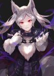  1girl animal_ears aura bright_pupils cape collar dark_aura dark_persona eyebrows_visible_through_hair fake_animal_ears fire_emblem fire_emblem_awakening fire_emblem_heroes gimkamres04 gloves glowing glowing_eyes grima_(fire_emblem) halloween_costume hand_on_own_chest highres long_hair looking_at_viewer official_alternate_costume outstretched_hand paw_gloves paws red_eyes robin_(fire_emblem) robin_(fire_emblem)_(female) silver_hair slit_pupils smirk solo symbol_commentary twintails white_pupils 