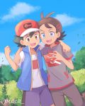  2boys arm_around_shoulder artist_name ash_ketchum baseball_cap black_hair blue_eyes brown_eyes brown_hair clenched_hands clouds commentary_request day gen_4_pokemon goh_(pokemon) hair_ornament hat highres holding jacket leaves_in_wind male_focus mei_(maysroom) multiple_boys open_mouth outdoors pants pokemon pokemon_(anime) pokemon_swsh_(anime) rotom rotom_phone shirt short_sleeves sky smile teeth tongue tree watermark white_shirt 