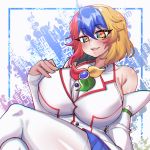  1girl blush breasts google_chrome_(merryweather) large_breasts merryweather multicolored multicolored_eyes multicolored_hair open_mouth osiimi shiny shiny_clothes shiny_hair shiny_legwear shiny_skin smile thick_thighs thigh-highs thighs tight 