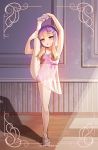  1girl alternate_costume athletic_leotard flexible full_body gradient_hair highres himitsu_neko kantai_collection leg_lift leg_up leotard multicolored_hair orange_hair pantyhose purple_footwear purple_hair purple_leotard short_hair sidelocks solo split standing standing_on_one_leg standing_split tsushima_(kantai_collection) violet_eyes white_legwear 