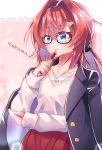  1girl absurdres alternate_costume ange_katrina blue_eyes character_name destiny549-2 glasses hand_on_own_elbow highres holding holding_pen jacket jacket_on_shoulders nijisanji office_lady pen redhead short_hair solo triangle_hair_ornament virtual_youtuber 