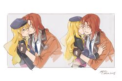  1boy 1girl beret blonde_hair blush brown_hair cheek_kiss closed_eyes coat commentary couple eiyuu_densetsu gloves green_eyes hair_between_eyes hat hetero kiss long_hair mireille_(eiyuu_densetsu) necktie npc_(nemui) ponytail randolph_orlando smile uniform zero_no_kiseki 