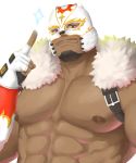  1boy abs absurdres bara bare_chest bear_mask brown_eyes chest chest_harness dark_skin dark_skinned_male facial_hair feiya6022 fur_collar goatee harness highres index_finger_raised live_a_hero male_focus manly muscle nipples pectoral_focus polaris_mask_(live_a_hero) short_hair smile solo textless upper_body white_background wrestling_outfit 