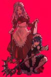  2girls alternate_costume apron axe aymr_(weapon) blue_eyes blue_hair breasts byleth_(fire_emblem) byleth_eisner_(female) edelgard_von_hresvelg enmaided fire_emblem fire_emblem:_three_houses frilled_apron frills hair_between_eyes highres holding holding_axe holding_sword holding_weapon light_particles maid maid_apron maid_dress maid_headdress medium_breasts multiple_girls red_legwear sanya_(artist) serious skirt skirt_lift sword sword_of_the_creator thigh-highs under_skirt violet_eyes waist_apron weapon white_apron white_legwear 