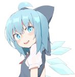 1girl ahoge blue_bow blue_dress blue_eyes blue_hair blue_wings bow cirno dress hair_bow highres ice ice_wings kae_karee looking_at_viewer medium_hair puffy_short_sleeves puffy_sleeves shirt short_sleeves sleeveless sleeveless_dress smile solo touhou upper_body wet wet_clothes white_shirt wings 