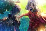  2girls alternate_hair_length alternate_hairstyle blue_hair blush byleth_(fire_emblem) byleth_eisner_(female) capelet day dress edelgard_von_hresvelg fire_emblem fire_emblem:_three_houses from_behind gauntlets high_collar highres holding_hands long_hair multiple_girls nature outdoors sanya_(artist) short_hair side_ponytail silver_hair sunlight tree violet_eyes yuri 