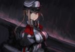  1girl bangs blonde_hair breasts capelet celtic_knot closed_mouth graf_zeppelin_(kantai_collection) hair_between_eyes hat highres iron_cross kantai_collection large_breasts long_hair long_sleeves military military_uniform moor peaked_cap rain rigging sidelocks solo twintails uniform upper_body 