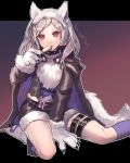  1girl animal_ears belt candy closed_mouth fake_animal_ears fire_emblem fire_emblem_awakening fire_emblem_heroes food gloves grima_(fire_emblem) halloween_costume highres holding lollipop long_sleeves m1n0f2e1 paw_gloves paws red_eyes robin_(fire_emblem) robin_(fire_emblem)_(female) sitting solo tail thigh_strap twintails twitter_username white_hair wolf_ears wolf_tail 
