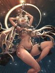  1girl :o anklet armlet blonde_hair bracelet breasts bright_pupils commentary_request dancer dark_skin halo highres holding holding_staff jewelry large_breasts long_hair looking_at_viewer mouth_veil navel odachu original red_eyes revealing_clothes skindentation solo staff thighlet twintails white_pupils 
