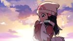  1girl bag beanie black_hair chueog coat commentary hikari_(pokemon) day duffel_bag hair_ornament hairclip hands_together hands_up hat long_hair long_sleeves outdoors pokemon pokemon_(game) pokemon_dppt pokemon_platinum scarf sleeves_past_wrists solo upper_body white_headwear white_scarf winter_clothes 
