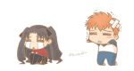  1boy 1girl bandages black_hair black_legwear crying emiya_shirou fate/hollow_ataraxia fate/stay_night fate_(series) kinoe_imashi long_hair long_sleeves miniskirt redhead short_hair skirt tohsaka_rin twintails two_side_up white_background 