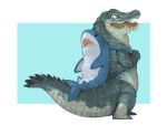  :d backpack bag blue_background border crocodile crocodile_(hyakunichigo_ni_shinu_wani) crocodilian from_behind nishimawari_kouro no_humans open_mouth original shark_backpack simple_background smile standing white_border 