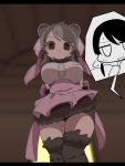  2girls animal_ears arms_behind_back arrow_(symbol) back_bow bangs bear_ears bear_girl bergman&#039;s_bear_(kemono_friends) bike_shorts blurry blurry_background bow bowtie breast_pocket breasts brown_eyes brown_legwear captain_(kemono_friends) center_frills chibi closed_mouth collared_shirt commentary_request empty_eyes expressionless eyebrows_visible_through_hair feet_out_of_frame frills from_below fur-trimmed_legwear fur_trim grey_hair hair_bow highres indoors kemono_friends kemono_friends_3 large_breasts letterboxed long_hair looking_at_viewer looking_down multicolored_hair multiple_girls nervous nervous_smile onaji_(sokudo_seigen) open_mouth pocket shirt shorts shorts_under_skirt skirt smile solo_focus standing sweat sweating_profusely swept_bangs thigh-highs two-tone_hair 