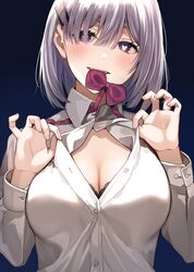  1girl blue_background bow bowtie bra bra_peek breasts collared_shirt dress_shirt hair_ornament hair_over_one_eye hairclip hands_up heart heart-shaped_pupils highres large_breasts long_sleeves looking_at_viewer mouth_hold nishizawa open_mouth original partially_unbuttoned shirt short_hair silver_hair simple_background solo symbol-shaped_pupils underwear upper_body violet_eyes white_shirt 