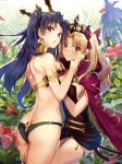  2girls absurdres armlet ass back bangs bare_shoulders bikini black_bikini black_bow black_dress black_hair blonde_hair blush bow breasts cape closed_mouth dress earrings ereshkigal_(fate/grand_order) fate/grand_order fate_(series) flower gold_trim hair_bow highres hoop_earrings ishtar_(fate)_(all) ishtar_(fate/grand_order) jewelry long_hair looking_at_viewer medium_breasts mismatched_bikini multiple_girls neck_ring open_mouth parted_bangs petals red_bow red_cape red_eyes renka_(renkas) short_dress smile swimsuit tiara two_side_up white_bikini yuri 