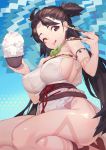  1girl bare_shoulders body_markings bowl breasts brown_eyes brown_hair chopsticks dress facial_mark fate/grand_order fate_(series) forehead forehead_mark highres himiko_(fate) large_breasts licking_lips long_hair looking_at_viewer magatama magatama_necklace nox13 one_eye_closed rice rice_bowl sash seiza side_slit sideboob sitting smile thighs tongue tongue_out topknot twintails white_dress 