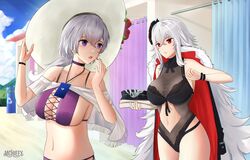  2girls absurdres arrow_(symbol) azur_lane bikini black_flower black_rose black_swimsuit breasts choker clothing_cutout coat coat_on_shoulders cross-laced_bikini_top earrings flower fur-trimmed_coat fur_trim graf_zeppelin_(azur_lane) graf_zeppelin_(beachside_urd)_(azur_lane) hair_between_eyes hair_flower hair_ornament hat highres jewelry large_breasts large_hat long_hair mchiefy medium_hair multiple_girls navel_cutout one-piece_swimsuit purple_bikini purple_choker recycle_bin recycling_symbol red_eyes reno_(azur_lane) reno_(summer_spin-off)_(azur_lane) rose sagging_breasts see-through sun_hat swimsuit taut_clothes taut_swimsuit very_long_hair violet_eyes white_hair wrist_straps 