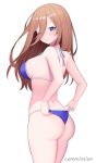  1girl absurdres ass bare_arms bare_shoulders bikini blue_bikini blue_eyes breasts brown_hair commission cowboy_shot eyes_visible_through_hair from_behind go-toubun_no_hanayome hair_between_eyes halter_top halterneck highres large_breasts long_hair looking_at_viewer looking_back nakano_miku one_eye_closed simple_background smile solo strap_gap string_bikini swimsuit thighs white_background yuri_(chocho_q) 