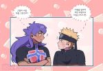  2boys ? bangs blonde_hair blush closed_mouth commentary_request crossed_arms crossover dark_skin dark_skinned_male eye_contact facial_hair headband korean_commentary korean_text leon_(pokemon) long_hair looking_at_another male_focus mongz multiple_boys naruto_(series) pokemon pokemon_(game) pokemon_swsh purple_hair shirt short_sleeves translation_request upper_body uzumaki_naruto zipper_pull_tab 