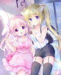 2girls animal_ears bag black_legwear black_shorts blue_eyes blush bow breasts cat_ears cat_tail chiika_(cure_cherish) collared_dress cup demon_wings disposable_cup dress drinking_straw garter_straps hair_bow handbag holding holding_cup large_breasts long_hair looking_at_viewer medium_breasts multiple_girls open_mouth original parted_lips pink_bow pink_dress pink_eyes pink_hair puffy_short_sleeves puffy_sleeves rabbit_ears short_shorts short_sleeves shorts sidelocks tail thigh-highs twintails two_side_up wings 