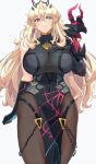  1girl black_dress blonde_hair breasts chain covered_navel dress fairy_knight_gawain_(fate) fate/grand_order fate_(series) gauntlets gloves hand_on_own_chest heterochromia highres huge_breasts jewelry long_hair mitsuria_(kanesho1102) pantyhose pelvic_curtain pendant single_gauntlet 