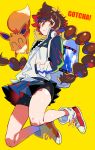  1girl brown_hair closed_mouth eevee gen_1_pokemon gotcha! gotcha!_girl_(pokemon) grey_skirt hazuki_mizuho highres jacket long_hair looking_at_viewer pleated_skirt pokemon pokemon_(creature) skirt smile tied_hair twintails 