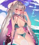  1girl alternate_costume aqua_bikini azur_lane bikini blue_bikini braid braided_bun breasts choker criss-cross_halter double_bun feather_boa formidable_(azur_lane) formidable_(the_lady_of_the_beach)_(azur_lane) grey_hair halterneck large_breasts long_hair multi-strapped_bikini platinum_blonde_hair royal_navy_(emblem) single_thighhigh soukou_makura swimsuit thigh-highs twintails very_long_hair white_legwear 