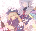  1boy 1girl artoria_pendragon_(all) artoria_pendragon_(caster) blonde_hair bow closed_eyes commentary_request eyebrows_visible_through_hair eyes_visible_through_hair fate/grand_order fate_(series) flower gloves hair_between_eyes hat highres holding holding_staff long_hair long_sleeves merlin_(fate) open_mouth saipaco simple_background staff upper_body white_background white_hair 
