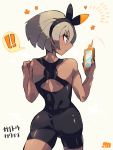  ! !! 1girl bangs bea_(pokemon) black_bodysuit black_hairband blush bodysuit bow_hairband clenched_hand closed_mouth commentary_request dark_skin eyelashes from_behind fuji_den_fujiko grey_eyes grey_hair gym_leader hairband hands_up holding looking_at_object pokemon pokemon_(game) pokemon_swsh short_hair solo spoken_exclamation_mark sweat 